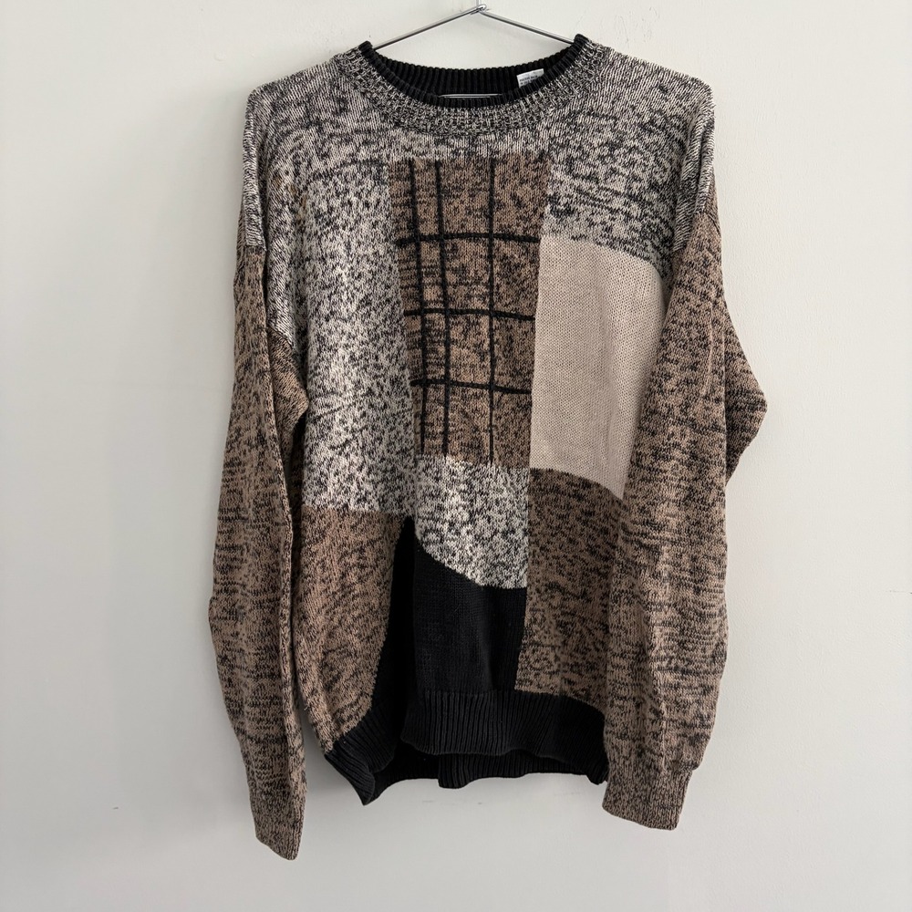 Michael Gerald Mens Colorblock Knit Sweater Brown Black Cream Size M